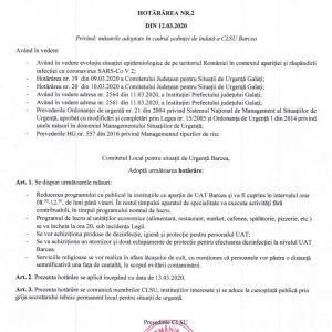 HCL nr.2 din 12.03.2020 privind masurile adoptate in cadrul sedintei de indata a CLSU Barcea
